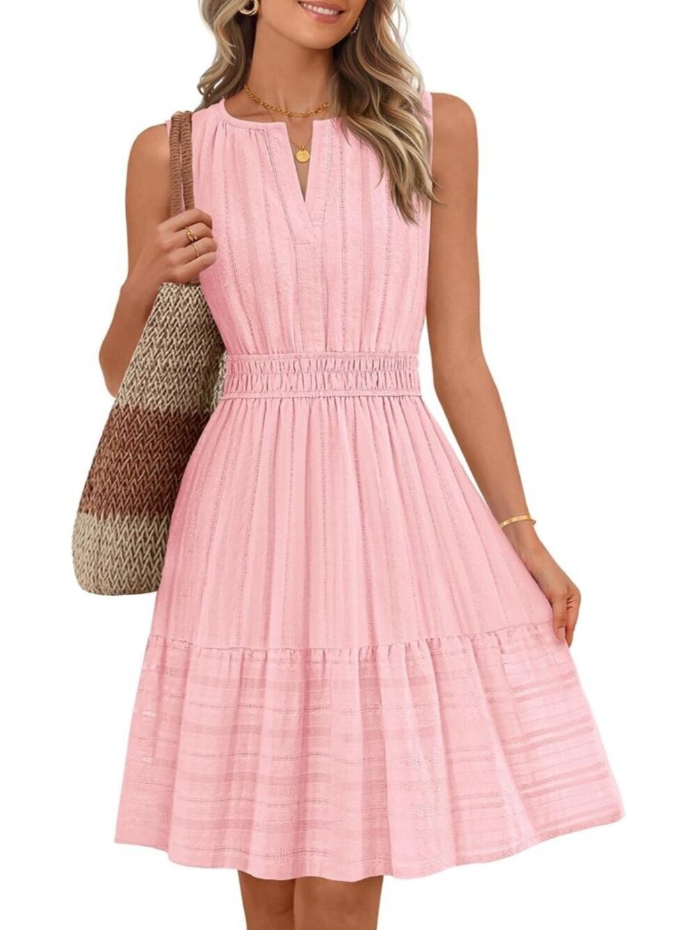 Women's Pink Stylish Summer Casual Sundress Beach Vacation Sleeveless Mini Dress
